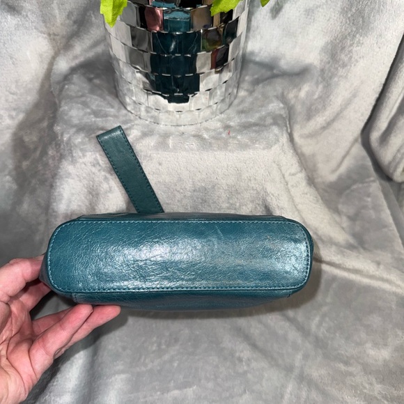 VTG Hobo International Teal Leather Bow Kisslock Handbag - Retro Frame Bag - Picture 3 of 9